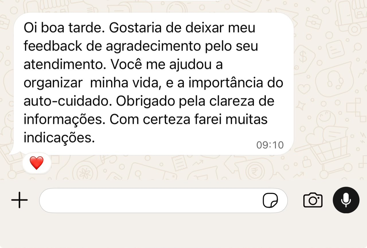 Mensagem de paciente agradecendo pela ajuda para organizar a vida e cuidar de si